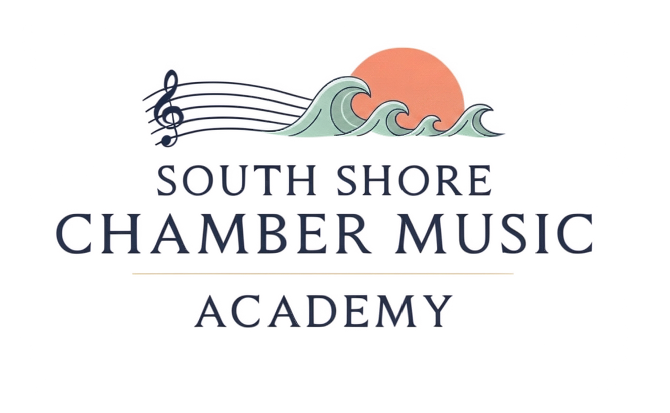 South Shore Chamber Music Academy — logo with a treble clef staff flowing into waves before a coral sun